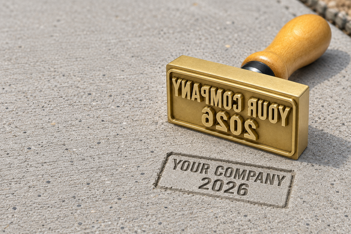 AI-generated brass sidewalk stamp concept beside an illustrative company name and 2026 impression in concrete