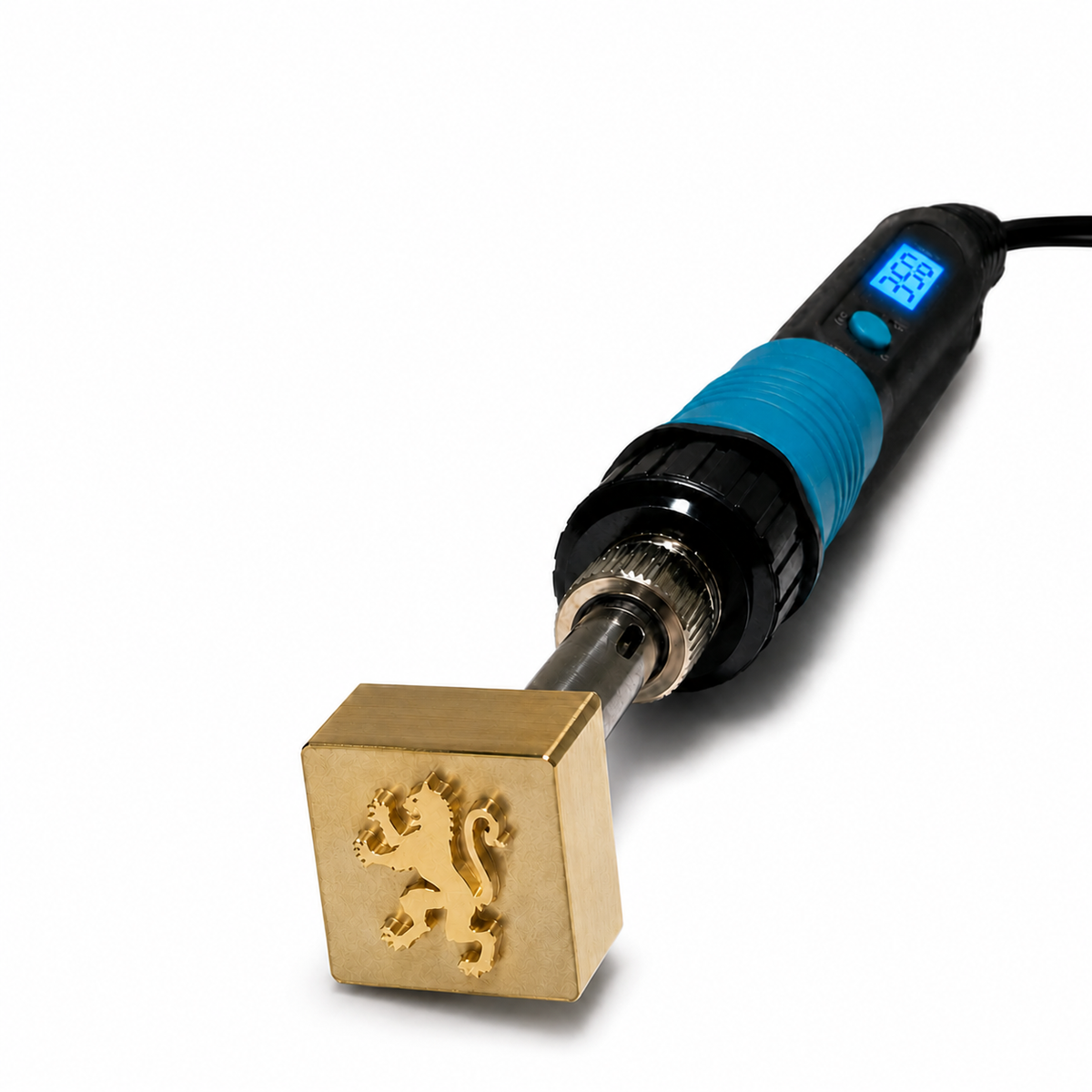 Custom temperature-controlled branding iron for plastics with electric handle and brass branding head