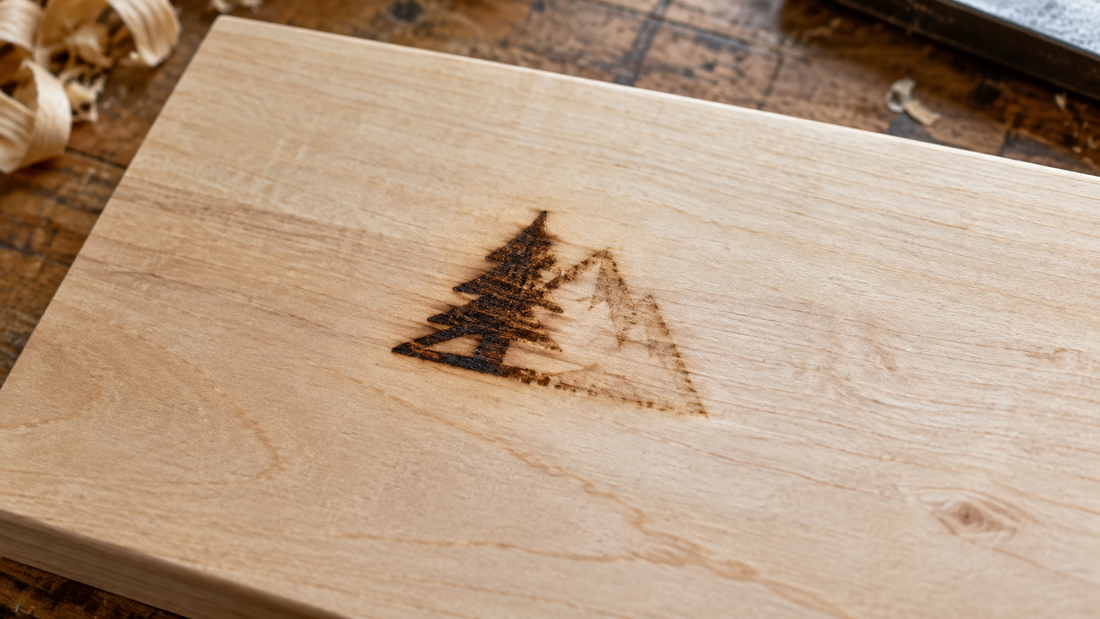 Illustrative photo of a heat-branded maker's mark dark on the left and faint on the right