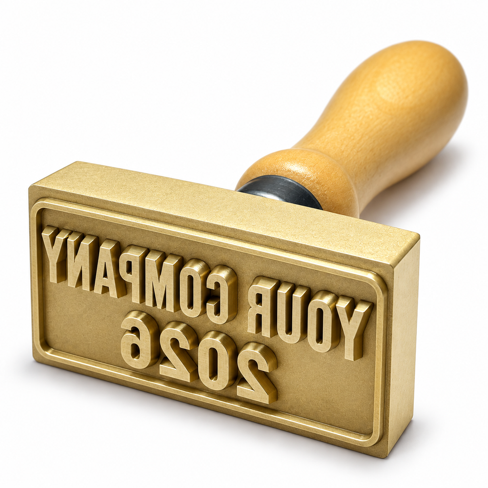 AI-generated concept of a brass concrete sidewalk name stamp with wooden handle and mirrored company name and year