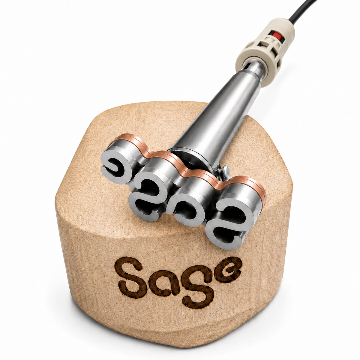 Illustrative professional copper-backed stainless-steel electric coconut branding iron on a Sage coconut
