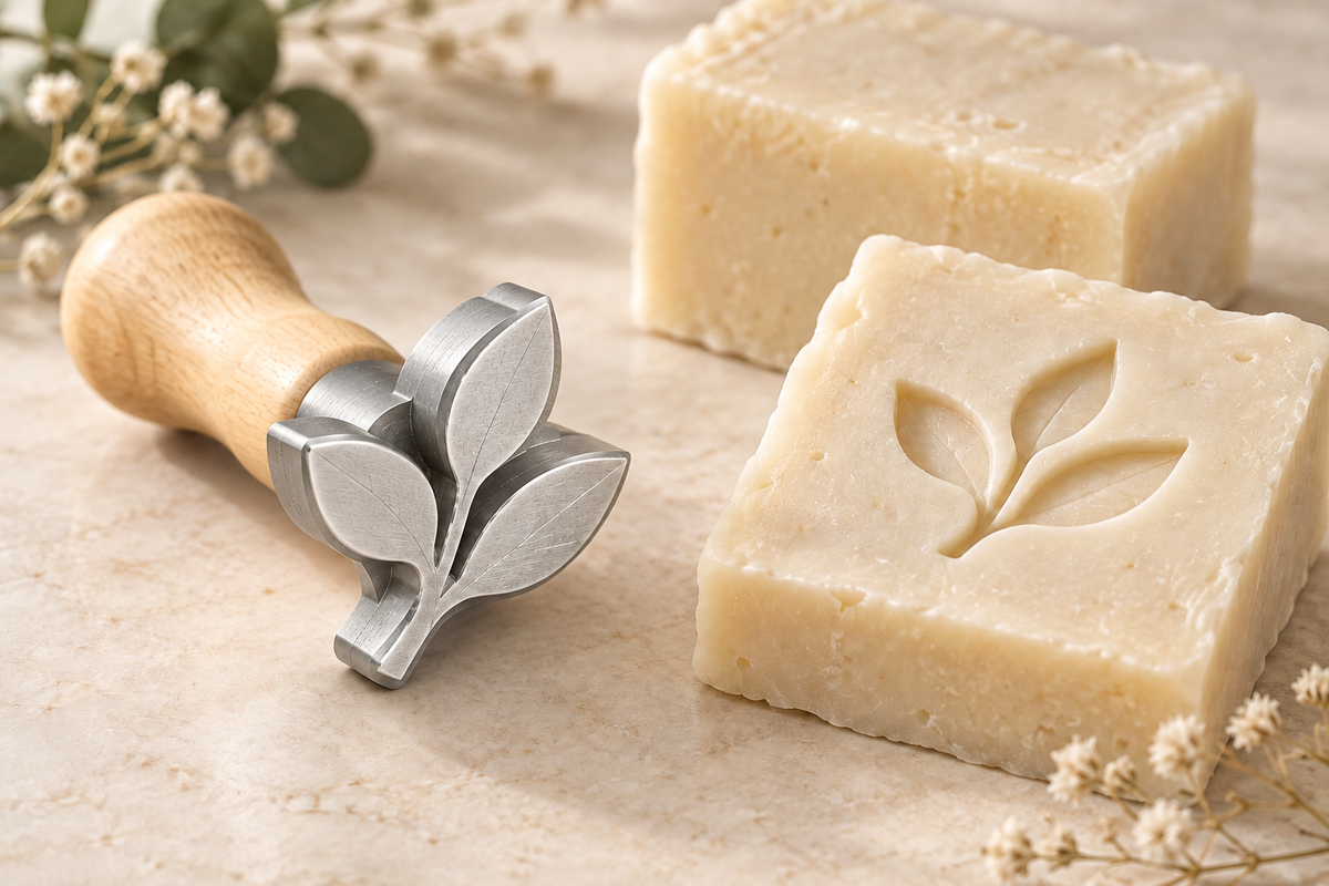 AI-generated concept of a profiled aluminum botanical soap stamp with wooden handle and handmade soap